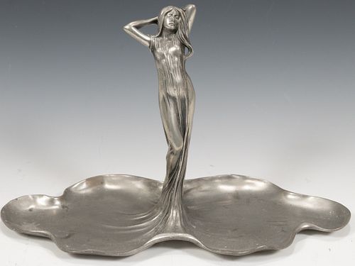 ACHILLE GAMBA (ITALY, 20TH C), ART NOUVEAU STYLE PEWTER COMPOTE, H 9", W 14"