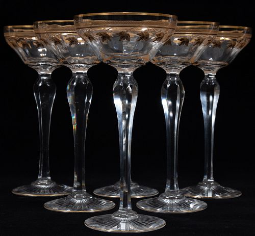 GILDED ETCHED CRYSTAL CHAMPAGNES, 6 PCS, H 8.75", DIA 4.25"