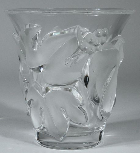 LALIQUE FROSTED CRYSTAL VASE H 5.25" DIA 5" 