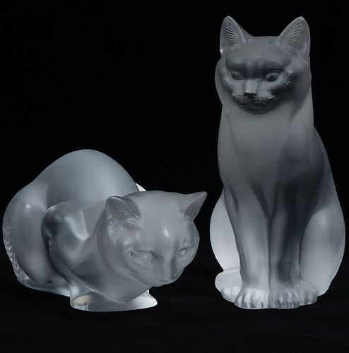 LALIQUE FROSTED CRYSTAL CAT FIGURINES, 2 PCS, H 4"-8.5"