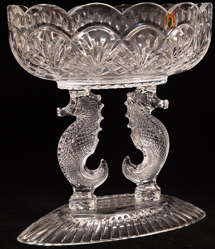 WATERFORD "LISMORE" CRYSTAL DOUBLE SEAHORSE PEDESTAL BOWL, H 12", L 11", D 7 3/4" 