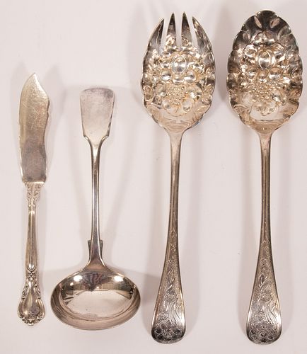 ENGLISH ELECTRO PLATE SERVING SPOON AND FORK, BUTTER KNIFE AND LADLE L 4 PIECES 