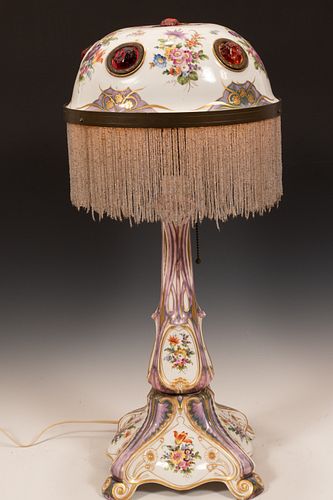 SAXON DRESDEN PORCELAIN AND GLASS TABLE LAMP H 27" DIA 12" 