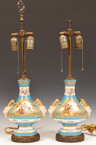 SEVRES QUALITY PORCELAIN MOUNTED LAMPS, PAIR, H 21"-25"