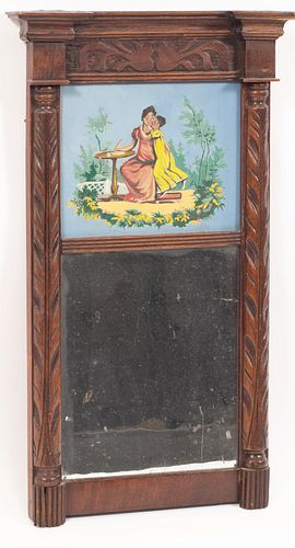 AMERICAN MAHOGANY AND REVERSE PAINTED WALL MIRROR C. 1810 H 22" W 13" 