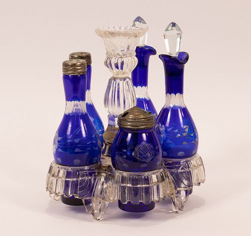 COBALT GLASS CONDIMENT SET IN STAND C 1880 H 9" 