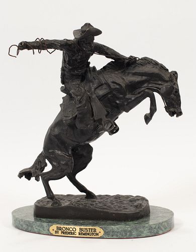 AFTER FREDERIC REMINGTON,  BRONZE SCULPTURE H 13" W 12" "BRONCO BUSTER" 