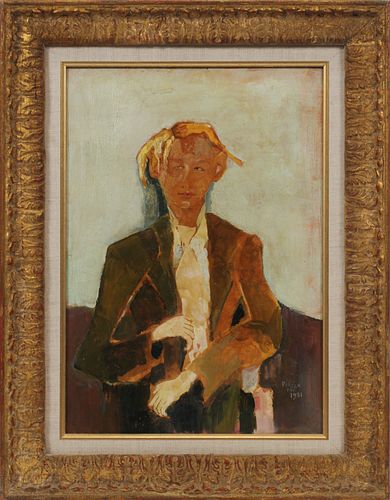 PIAZZA DAV. OIL ON PAPER, 1951, H 17", W 12", SEATED FIGURE 