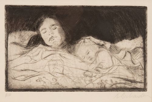ROLAND RICHARDSON, DRYPOINT ETCHING ON PAPER, H 4", W 6.5", MOTHER WITH CHILD 