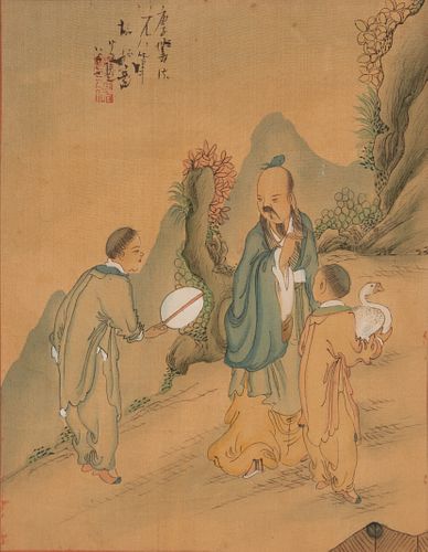 JAPANESE INK & WATERCOLOR ON SILK, H 8.25", W 6 1/3", THREE FIGURES 