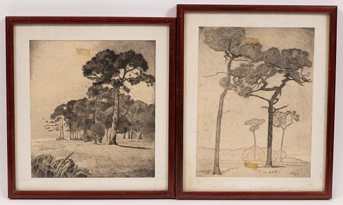 JAPANESE ETCHINGS ON PAPER, 2 PCS, H 10"-11", PINE TREES 
