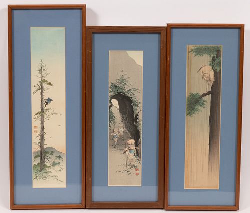 KOHO SHODA, 1870 - 46, JAPANESE WOODBLOCK PRINTS, 3 PCS, H 12"-14.5"
