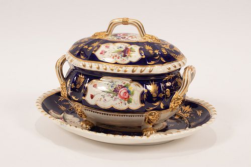CROWN DERBY PORCELAIN SUCRIER WITH COVER & SAUCER, C. 1790, H 6", L 9" (OVERALL) 