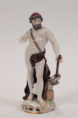 GERMAN PORCELAIN FIGURE,  NUDE MALE WITH MALLET H 5 3/4" 