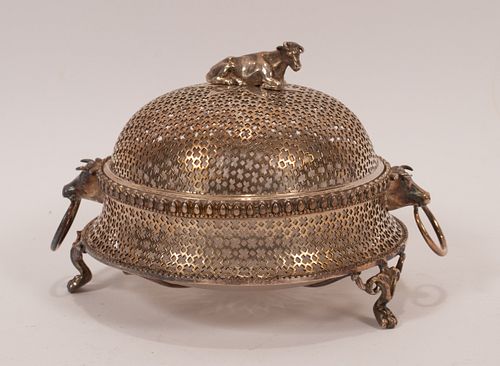 SILVER PLATE COVERED BUTTER DISH, H 5.5", DIA 7" 