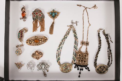 COSTUME NECKLACES (2) BY MICHAEL GOLAN, + 10 BROOCHES 