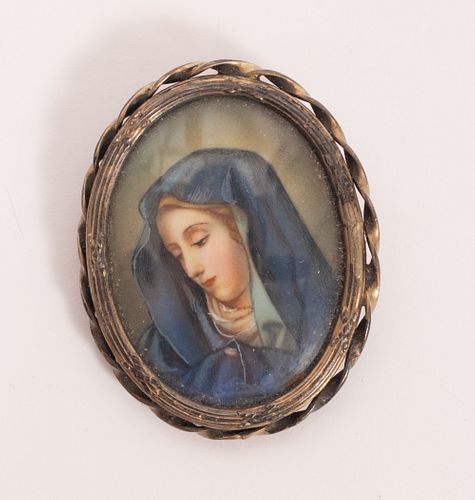 STERLING AND HAND PAINTED BROOCH, CIRCA 1920 H 1.5" MADONNA 