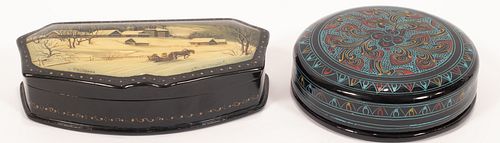 RUSSIAN LACQUER BOX AND ANOTHER TWO L 6", 4.5" 