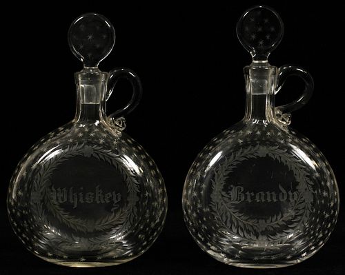 ETCHED BLOWN GLASS WHISKEY & BRANDY DECANTERS, C 1840, 2 PCS, H 9", W 5.5" 