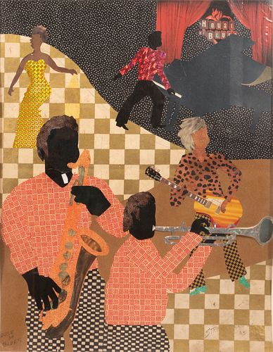 ALLEN STRINGFELLOW (AMERICAN, 1923-04) COLLAGE ON BOARD, 2003, H 23", W 18", "HOUSE OF BLUES" 