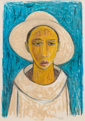 SAMELLA SANDERS LEWIS (AMERICAN, B. 1924) OIL STICK ON ARCHES PAPER, 2000, H 20", W 14", PORTRAIT OF YOUNG WOMAN 