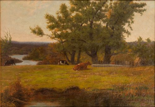 JOHN POWELL HUNT (CANADA,1854-1932) OIL ON CANVAS, 1908, H 28", W 36", COWS IN PASTURE 