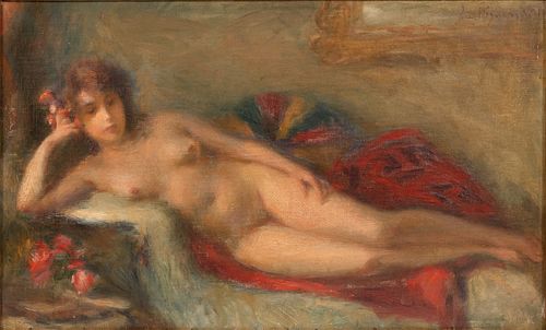 LUCIEN RENE MIGNON  (FRENCH, 1865–1944) OIL ON CANVAS 1921 H 11.25" W 18.25" NUE COUCHE 