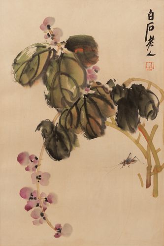 CHINESE INK & WATERCOLOR ON PAPER, H 27", W 18", ORCHID & CRICKET 