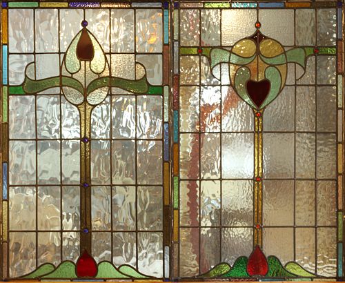 ART NOUVEAU STYLE LEADED STAINED GLASS WINDOW PANES 20TH C PAIR H 49" W 31" TULIPS 