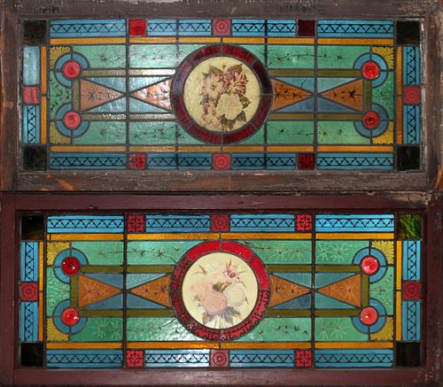 LEADED STAINED GLASS WINDOW PANE PAIR H 20.5" W 48" 