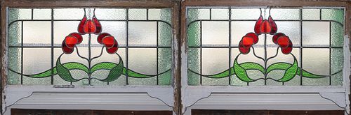 LEADED STAINED GLASS WINDOW PANES PAIR H 19" W 40" 