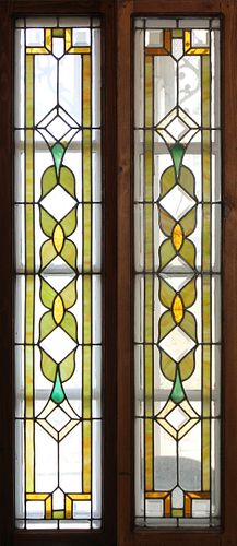 BEVEL AND LEADED STAINED GLASS WINDOW PANES PAIR H 58.5" W 12.75" 