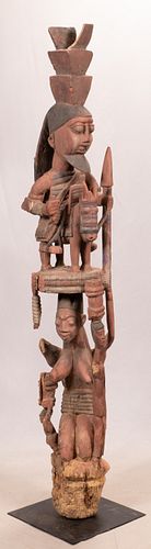 AFRICAN POLYCHROME CARVED WOOD TOTEM H 83" W 12" D 12" 