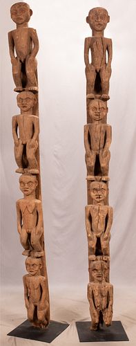 AFRICAN, BANGWA, CAMEROON, CARVED WOOD HOUSE POSTS PAIR H 107" W 10" 