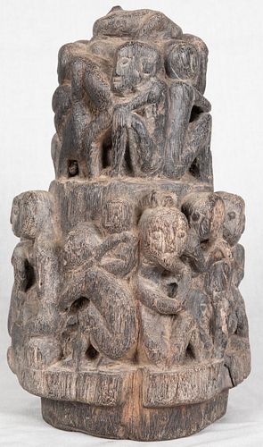 AFRICAN ARCHAIC WOOD TWO TIER TOTEM 19TH.C. H 10" DIA 6" 