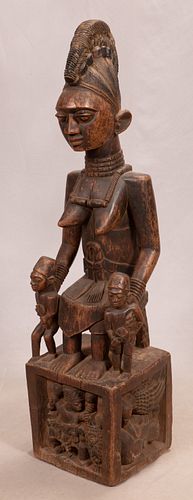 YORUBA, AFRICAN, CARVED WOOD MATERNITY FIGURE H 52" W 14" D 11.75 