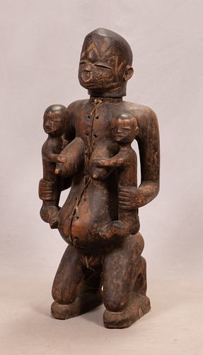 MOZAMBIQUE, AFRICAN, CARVED WOOD MAKONDE MATERNITY FIGURE WITH TWO CHILDREN H 35.825" W 14" 