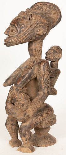 AFO, NIGERIA, AFRICAN WOOD SCULPTURE, MOTHER AND CHILDREN H 21" W 7" D 10" 