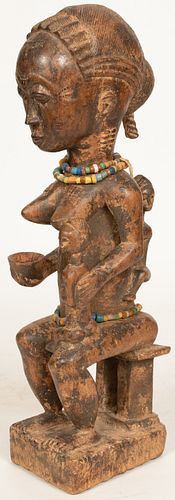AFRICAN, LUBA, RDC, CONGO CARVED WOOD FEMALE FIGURE WITH CHILDREN H 18" W 4" D 5.5" 