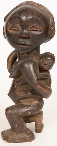 AFRICAN, LUBA  DEMOCRATIC REPUBLIC OF CONGO,  CARVED WOOD FEMALE FIGURE HOLDING CHILD H 16" W 6" D 7" 