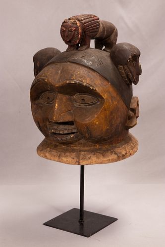 AFRICAN POLYCHROME CARVED WOOD HEADDRESS H 16" W 14" 