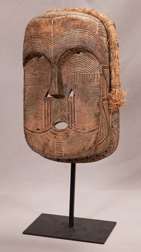 BATETELA, CONGO, AFRICAN POLYCHROME CARVED WOOD AND RAFFIA MASK H 18" W 11" 