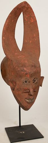 BAGA, GUINEA, AFRICAN, WOOD  MASK, H 20.5" W 7"  WITH PIGMENT, REFLECTIVE MATERIAL AND SEEDS