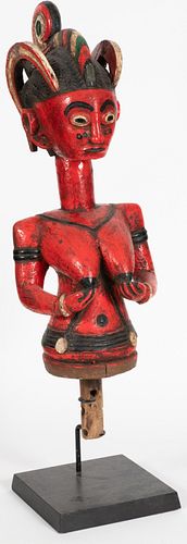 BAULE, IVORY COAST, AFRICAN, CARVED WOOD WITH PIGMENT, NUDE FEMALE FIGURE MID 20TH CENTURY H 34", W 10", D 9.5" 