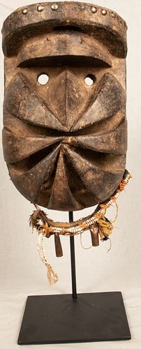 COTE D'IVOIRE PEOPLE BETE, LIBERIA,  AFRICAN, CARVED WOOD, PIGMENT, FIBER, METAL AND BEADS BETE NYABWA SPIDER MASK, H 15", W 8", D 6.5" 