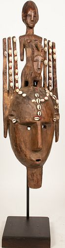 BAMANA, MALI AFRICAN CARVED WOOD, BEADS AND COWRIE SHELLS, NTOMO MASK  H 31" W 9" 