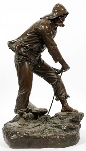 EDOUARD LORMIER (FRENCH, 1847–1919) BRONZE FISHERMAN, SUSSE FRERES FOUNDRY, H 20", W 12" 