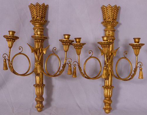 FRENCH EMPIRE STYLE GILT WOOD & METAL SCONCES, PAIR, H 25", W 16"