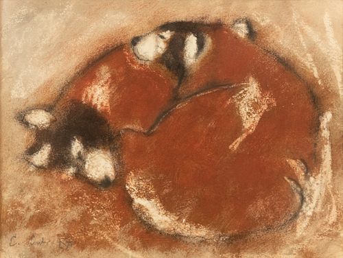 CHARLES CULVER (AMERICAN, 1908-1967) PASTEL ON PAPER, 1965, H 6.6", W 8.7", "TWO RED BEARS" 
