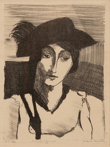WALT KUHN (USA 1877–49) LITHOGRAPH, ON WOVE PAPER 1925, H 9.125" W 6.75" GIRL IN COCKED HAT